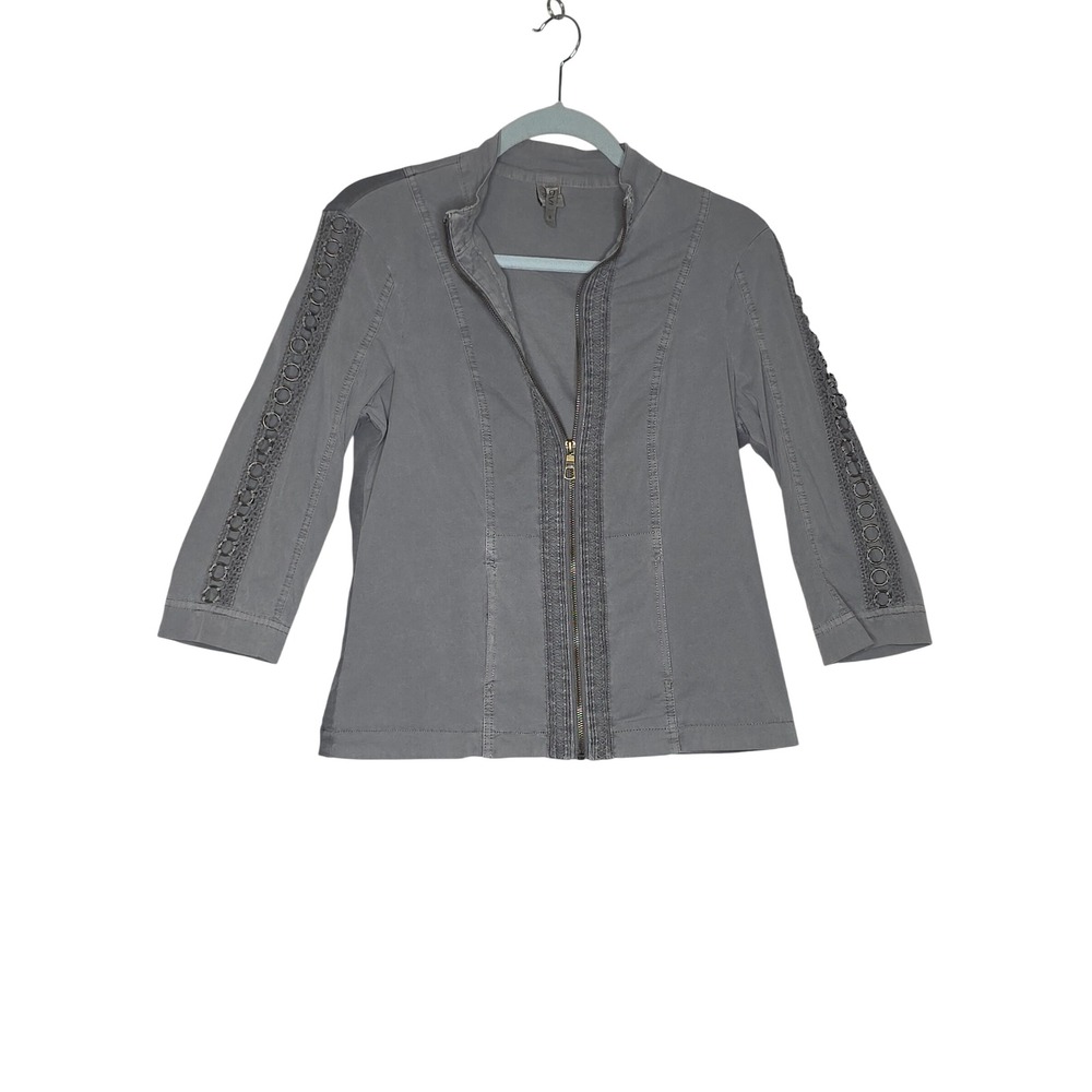 XCVI Gray Zip Up Jacket‎ Crochet Ring Detail 3/4 Sleeve Mock Neck W's M RareFind